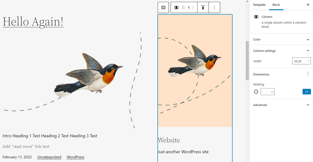 Column block settings to customize the sidebar.