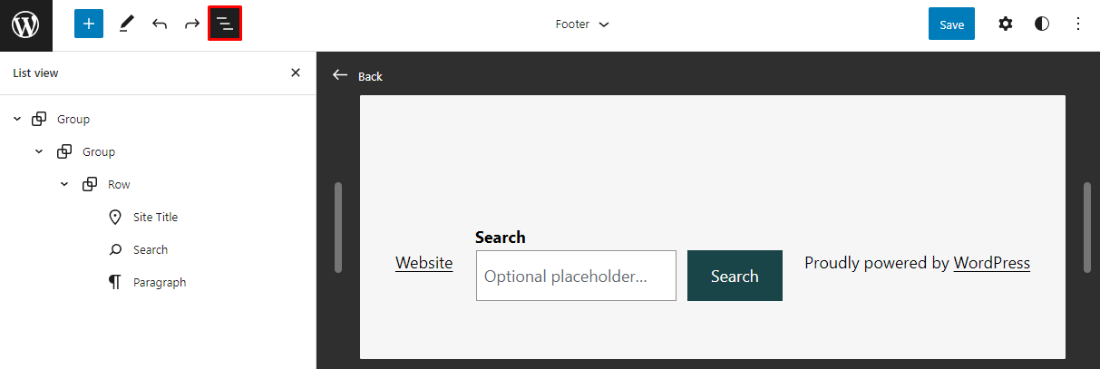 Opening the list view on the block editor to rearrange the blocks.