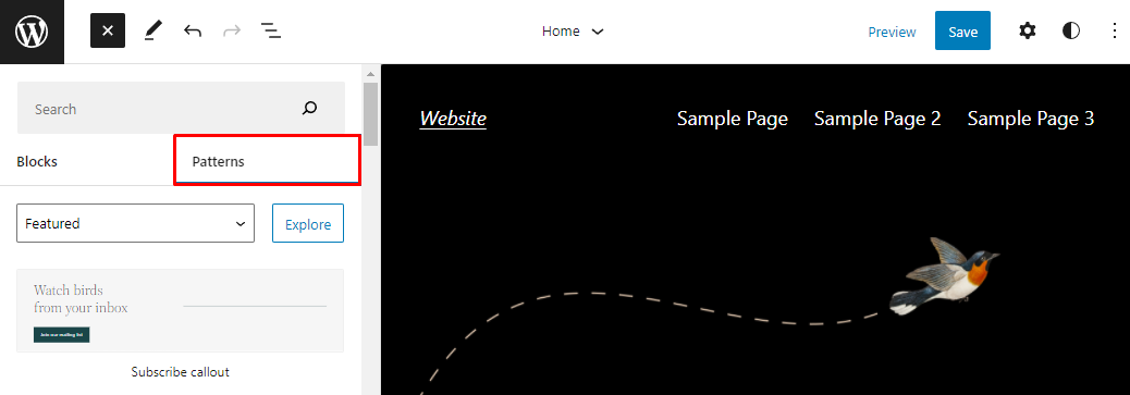 The WordPress site editor, showing how to select the Patterns tab