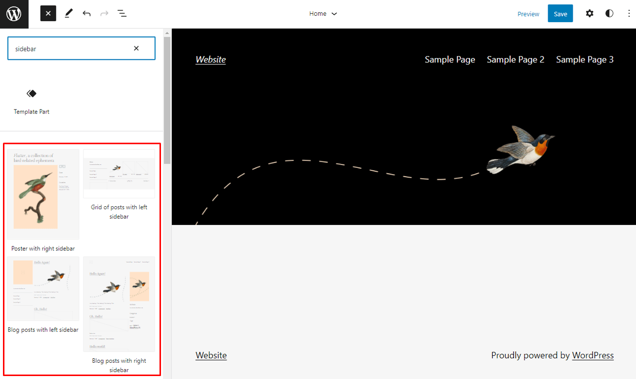 The WordPress site editor, with the Pattern options highlighted