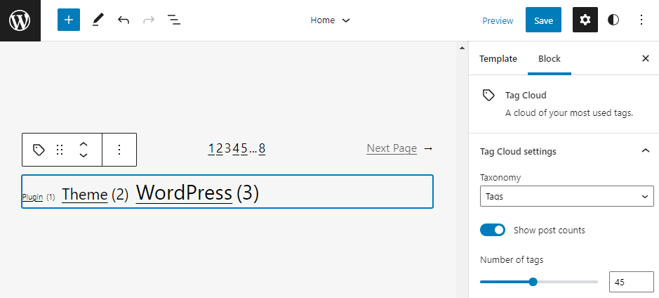 Modifying the tag cloud from the block settings panel.