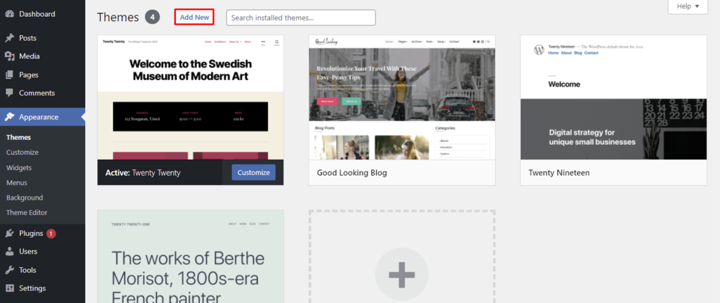 The Add New button at the top of the WordPress Themes page.