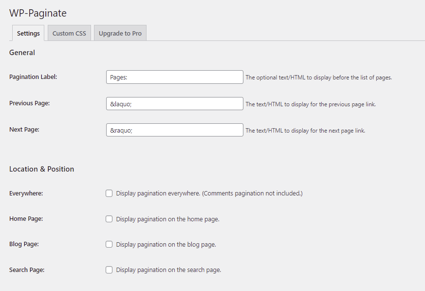WP-Paginate settings tab.