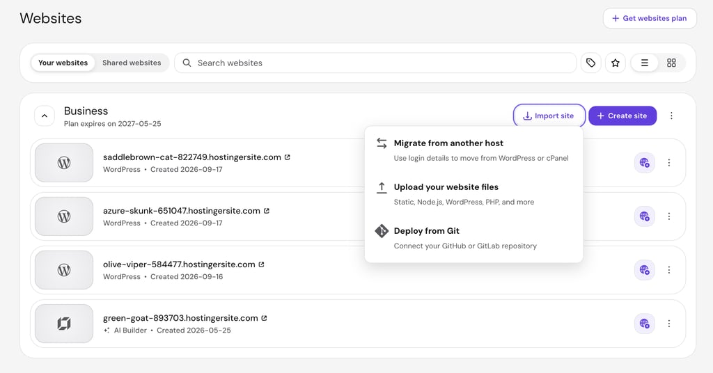hostinger-import-website-dropdown Hostinger dashboard Websites interface showing Import site options
