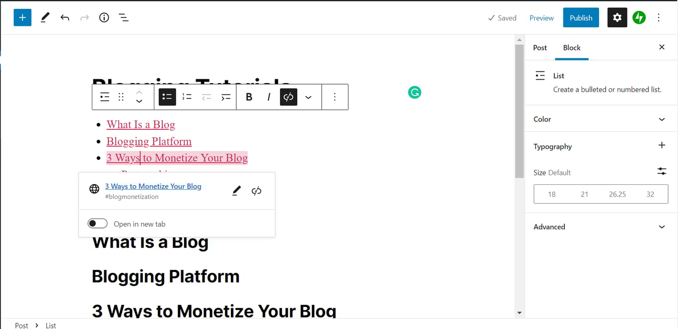 Screenshot of the successfully linked internal sections of a WordPress post.