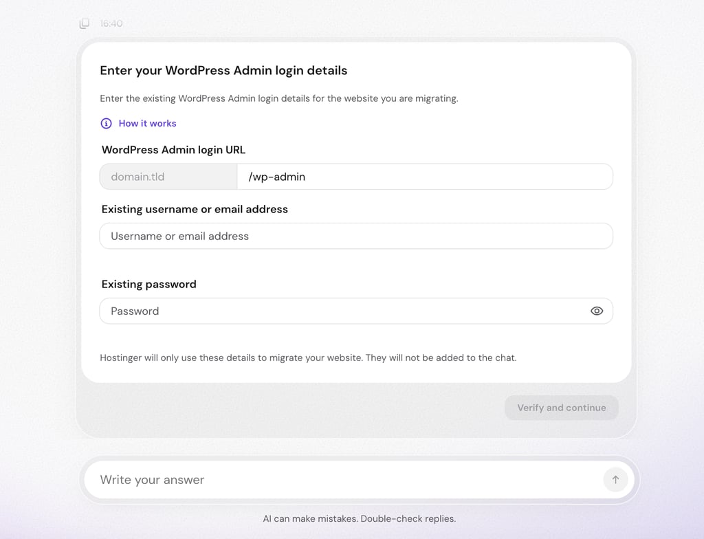 hostinger-migration-credentials WP admin login details screen