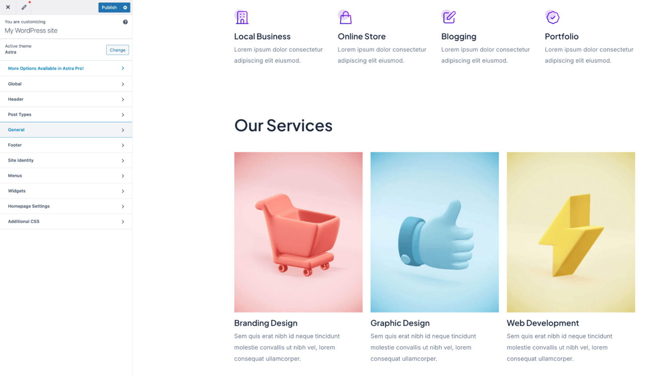 WordPress Customizer sidebar with theme settings and a live site preview on the right
