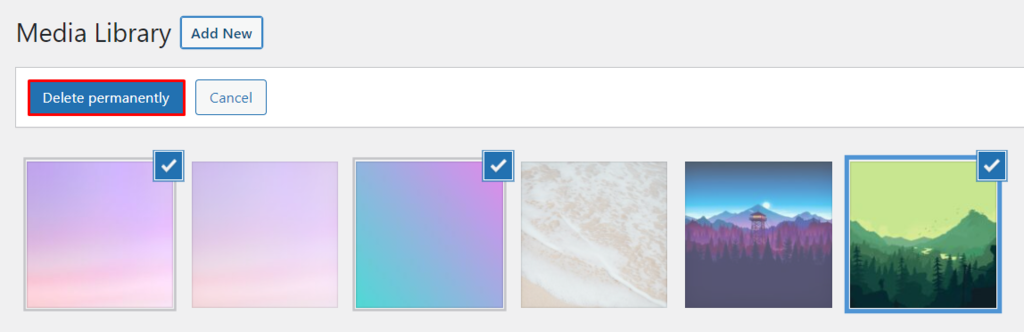 The Delete permanently button in WordPress's media library.