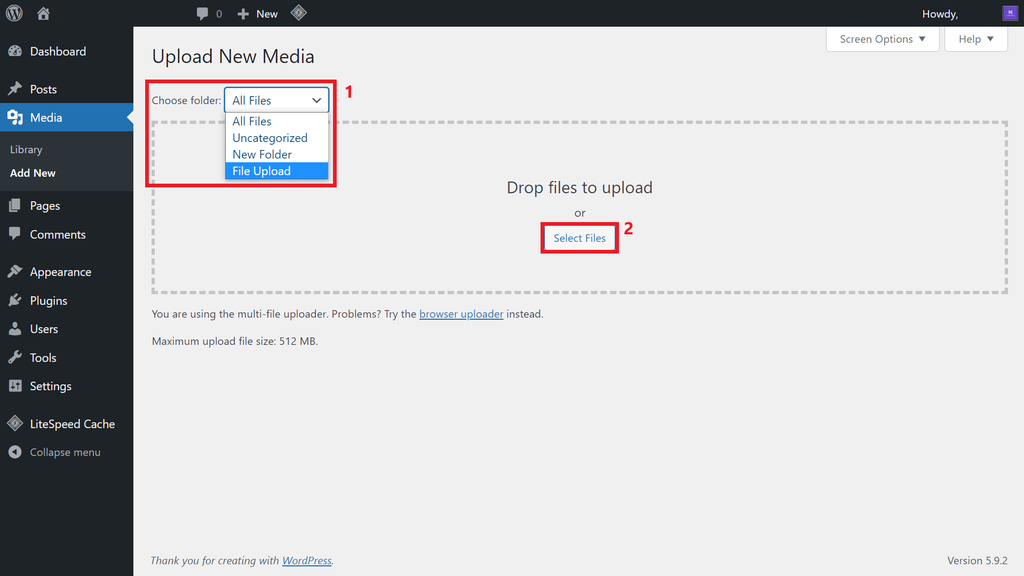 a screenshot of the WordPress Dashboard's Upload New Media