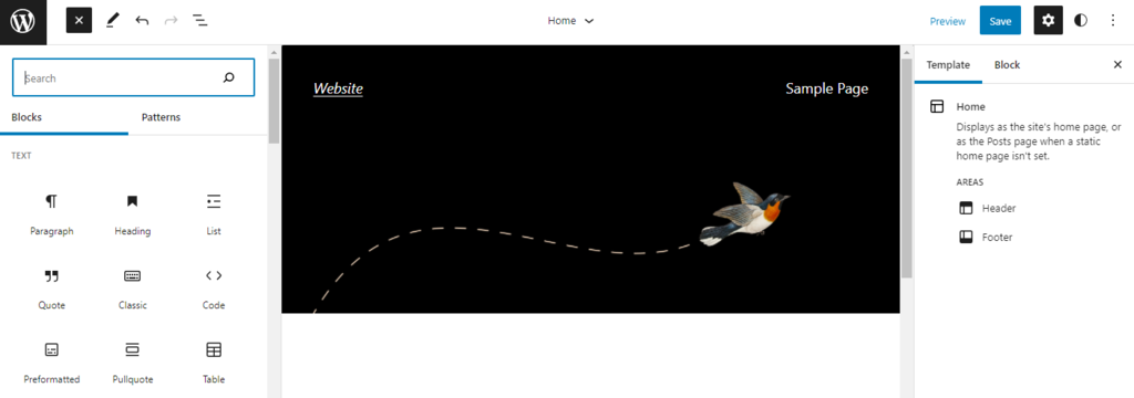 Interface of the WordPress block-based site editor.