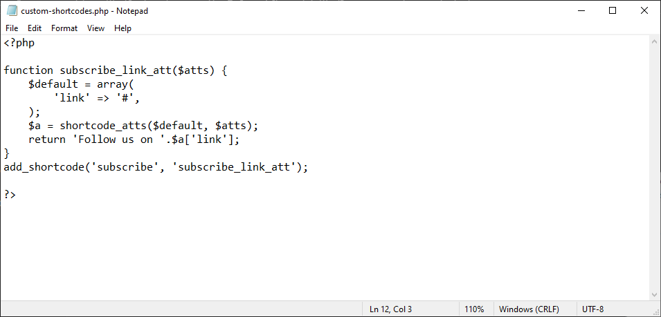 custom-shortcodes.php file with handling attributes to customize the links