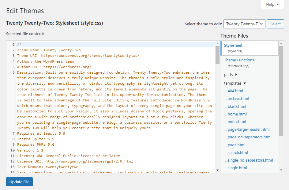 WordPress theme editor.