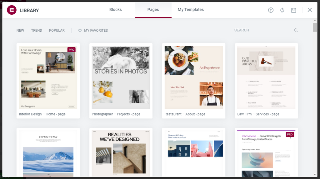 Elementor's library pages