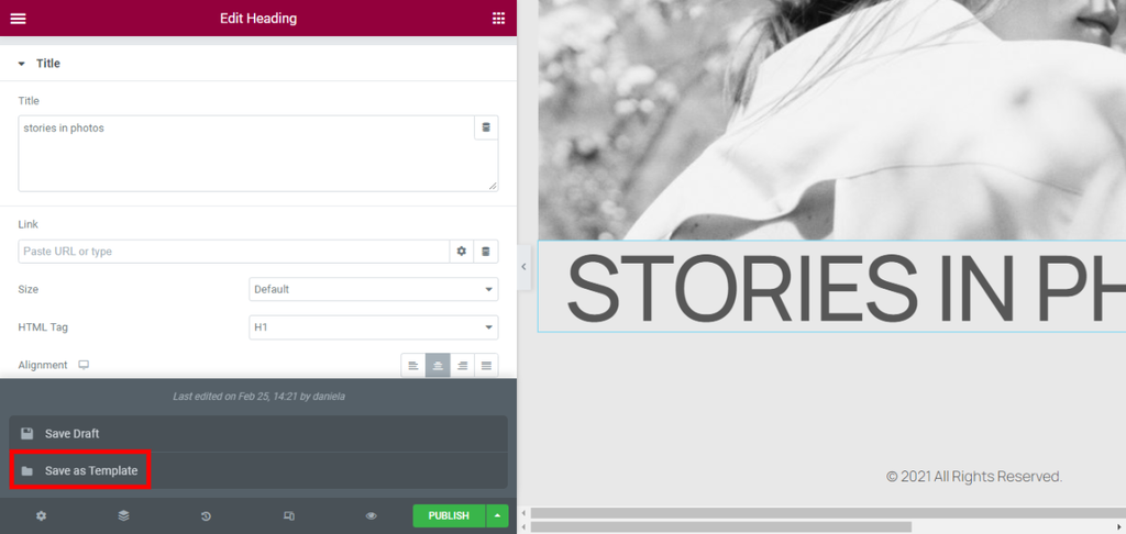 The save as template button on Elementor