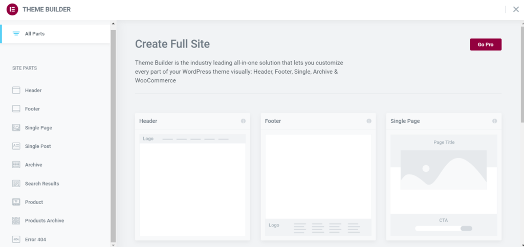 Elementor theme builder
