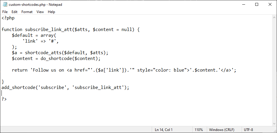 custom-shortcode.php file with the enclosing shortcode