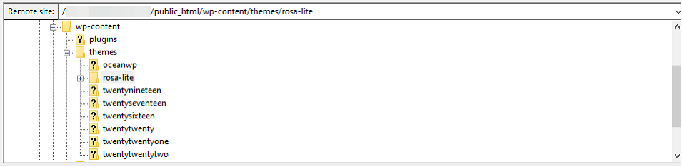FileZilla interface, used to access the site&rsquo;s theme files