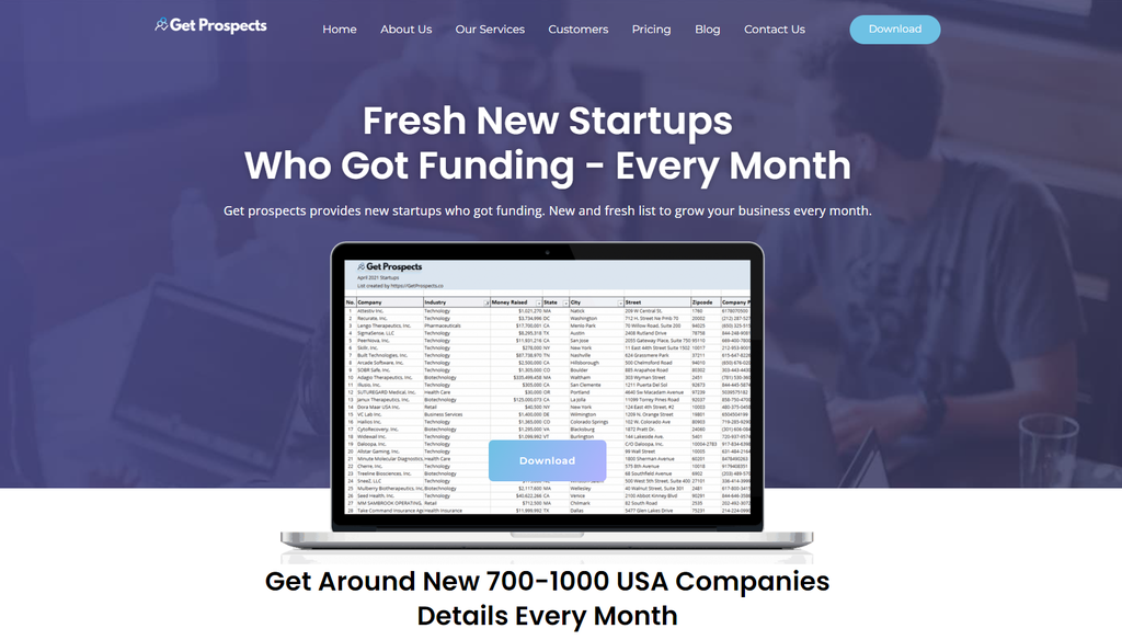 GetProspects' website listing newly funded startups