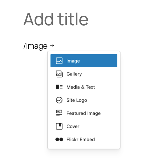 Adding a block manually by typing a slash followed by its name