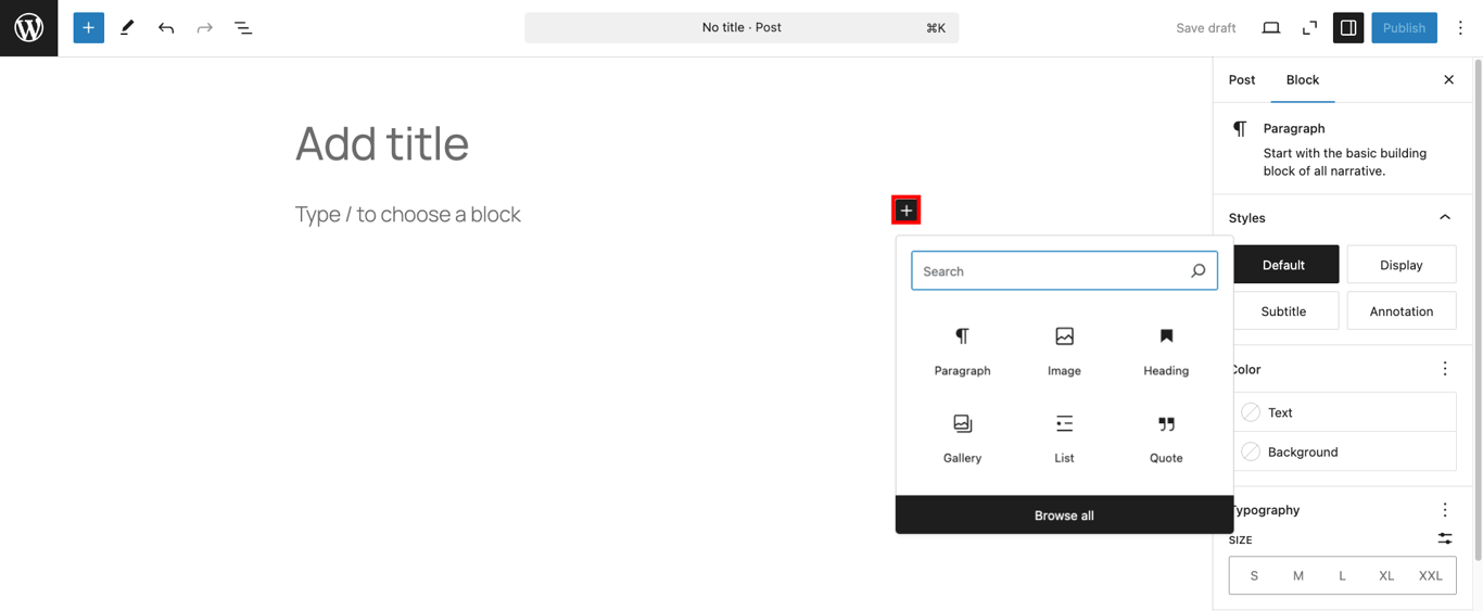 Gutenberg editor interface, highlighting the button to add a block