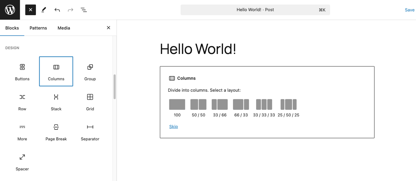 Adding a block column in Gutenberg
