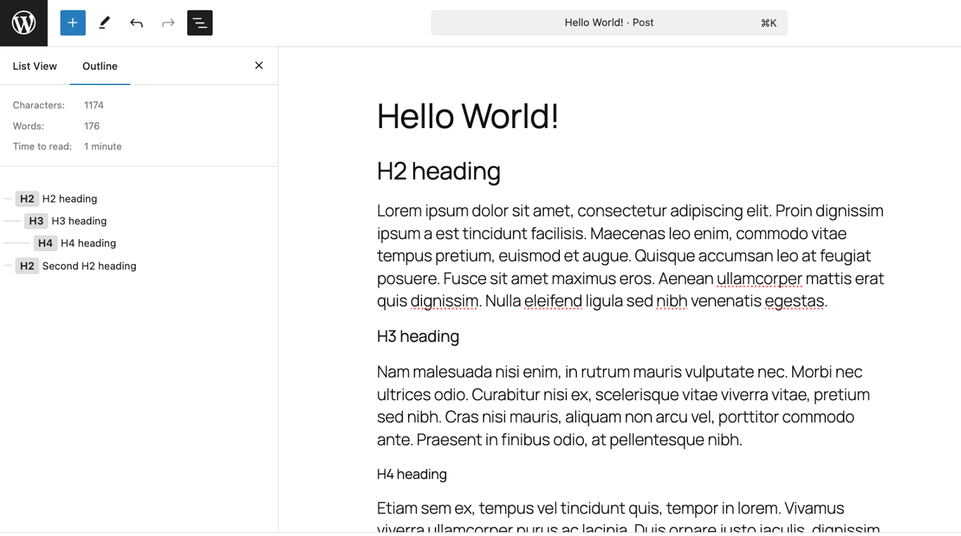 The outline of Gutenberg block list view