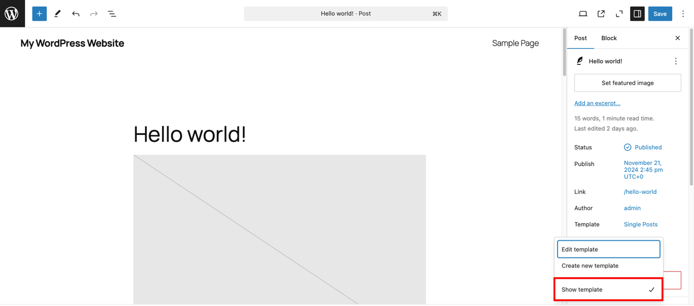 Displaying a template in the WordPress post editor