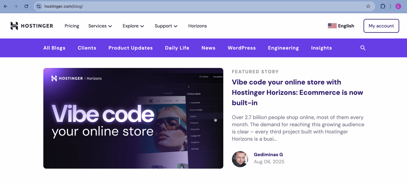 Hostinger's blog page