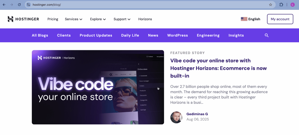 Hostinger's blog page