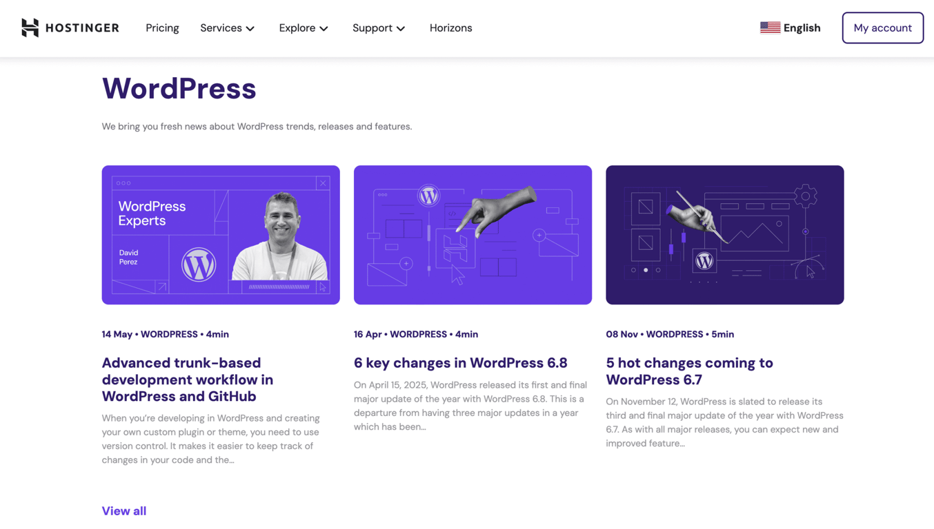 Hostinger's blog page showing multiple post snippets
