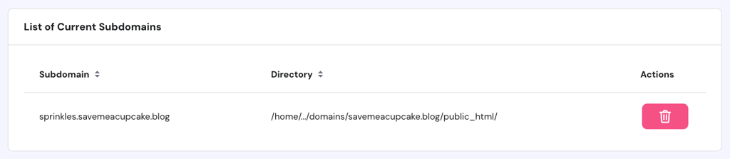 List of existing subdomains displayed in Hostinger hPanel