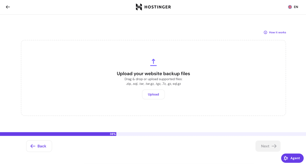 hostinger-migration-credentials Hostinger migration wizard asking for WordPress admin login details, with empty username and password fields and the /wp-admin login path