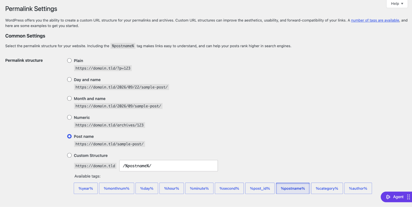 wordpress-permalink-settings WordPress Permalink Settings page with the Post name structure selected, the available permalink tags listed, and the Save Changes button