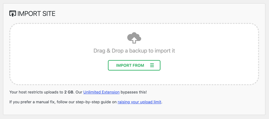 All-in-One WP Migration Import Site page showing the drag and drop area, the Import From button, and a notice that the host restricts uploads to 2 GB