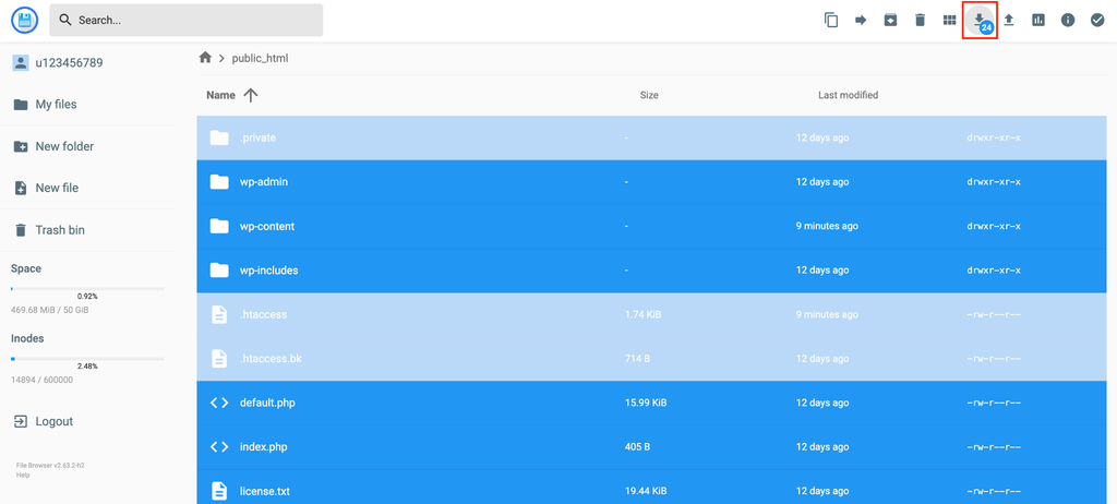 Hostinger File Manager with all files in the public_html folder selected and the download icon highlighted in the toolbar