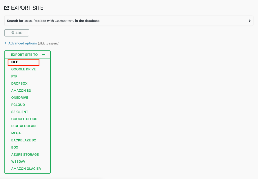 All-in-One WP Migration Export Site page with the Export Site To dropdown open and the File option highlighted