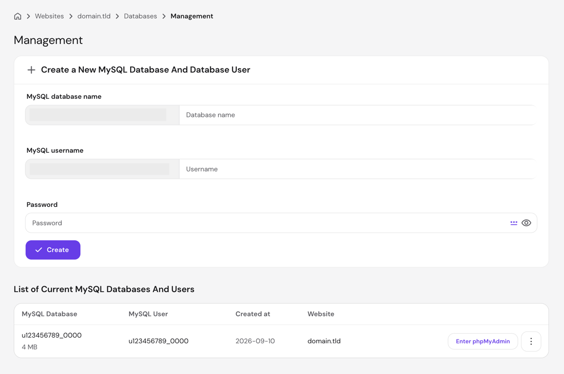 Hostinger dashboard Databases Management page showing the form to create a new MySQL database and user, with an existing database listed below and an Enter phpMyAdmin button