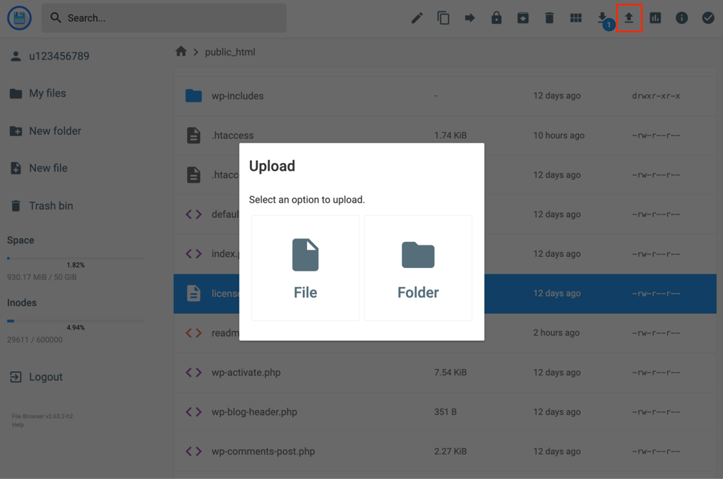 file-manager-upload-dialog Hostinger File Manager Upload dialog in the public_html folder with File and Folder options, and the upload icon highlighted in the toolbar