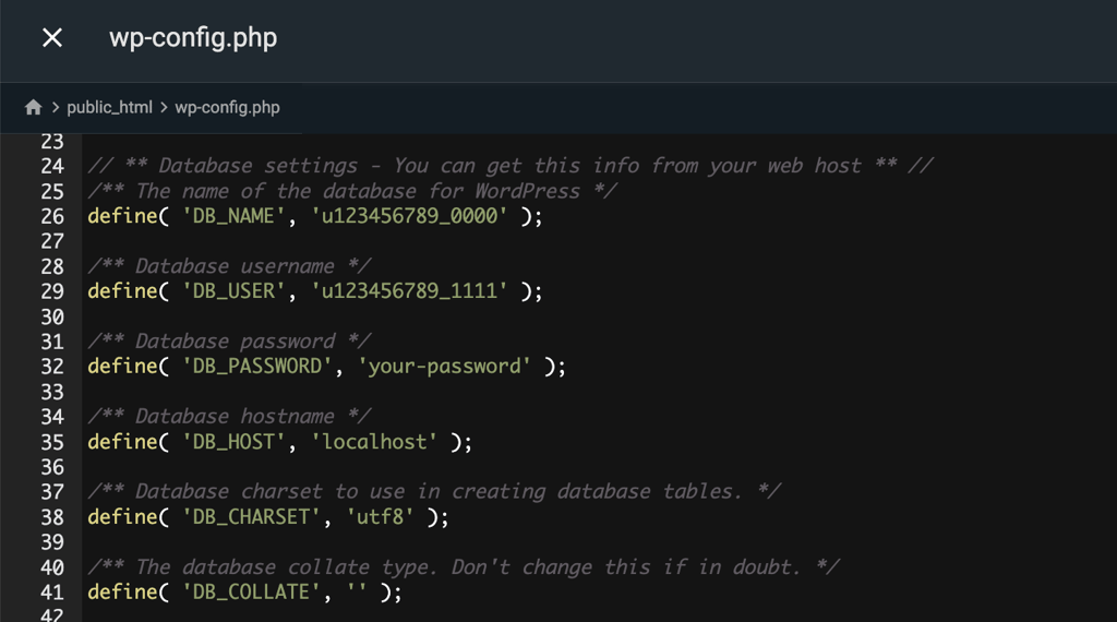 wp-config-db-credentials wp-config.php file open in the File Manager editor showing the DB_NAME, DB_USER, DB_PASSWORD, and DB_HOST lines, with DB_HOST set to localhost