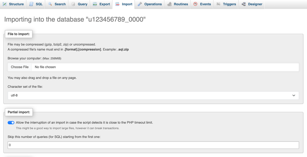 phpmyadmin-import-tab phpMyAdmin Import tab for a full database showing the Choose File button, a 256 MiB maximum upload size, and the supported compression formats