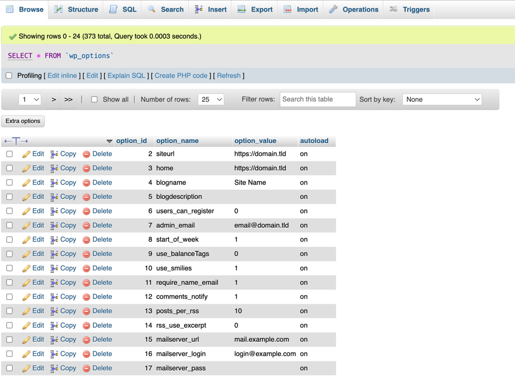 phpmyadmin-wp-options phpMyAdmin Browse view of the wp_options table with the siteurl and home rows showing the site's domain