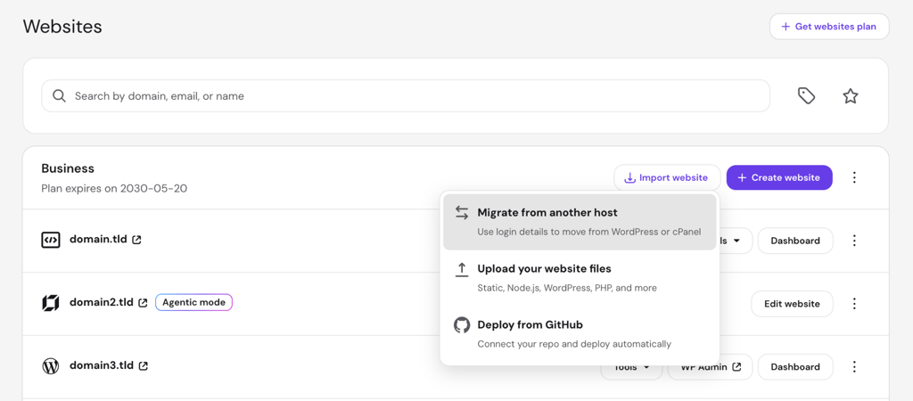 hostinger-import-website-dropdown Hostinger dashboard Websites page with the Import website dropdown open, showing Migrate from another host, Upload your website files, and Deploy from GitHub