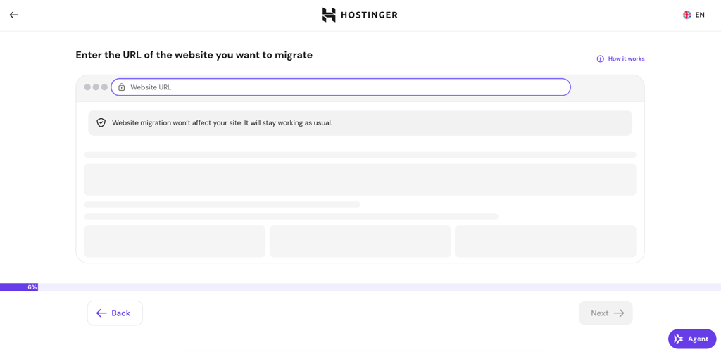hostinger-migration-url-entry Hostinger migration wizard asking for the URL of the website to migrate, with an empty Website URL field and a note that migration won't affect the live site