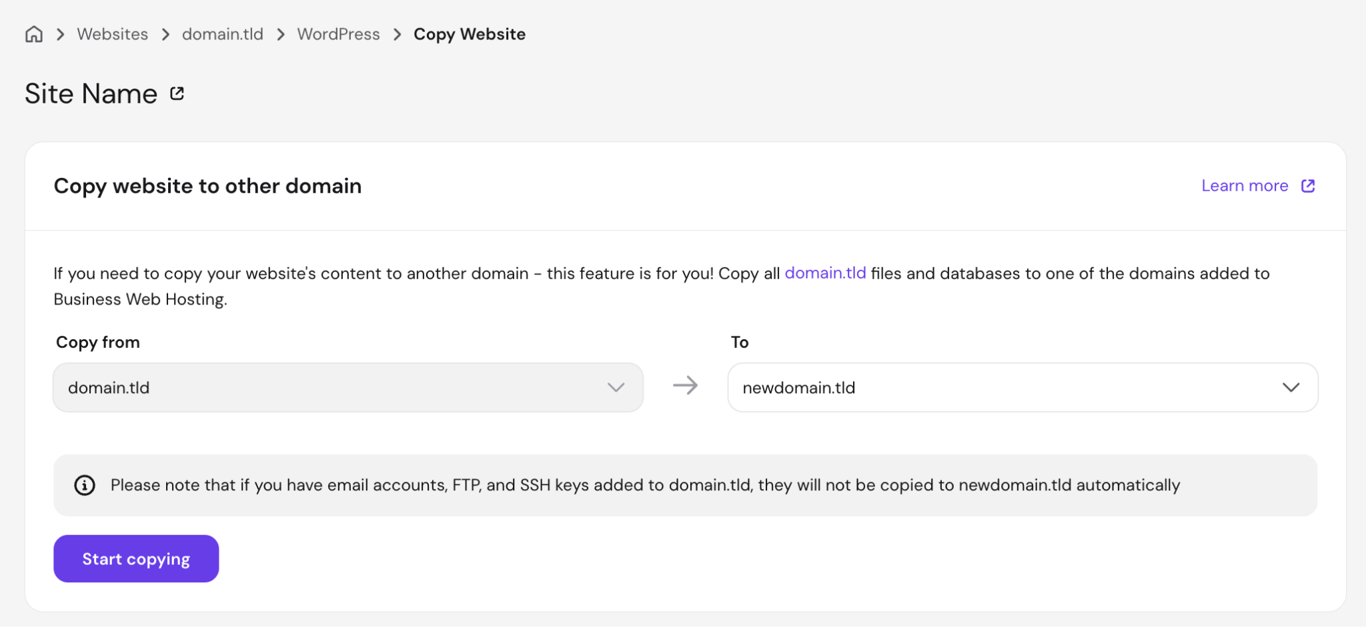 hostinger-copy-website-form Hostinger dashboard Copy Website page with the source and destination domain dropdowns, a note that email, FTP, and SSH keys aren't copied, and the Start copying button