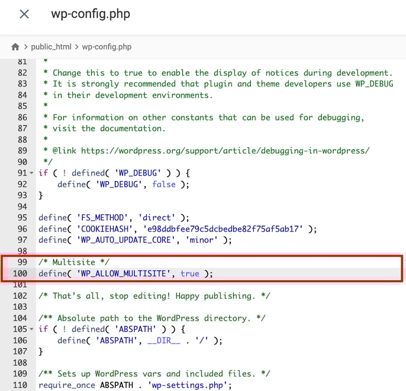 Editing wp-config.php file to activate WordPress Multisite