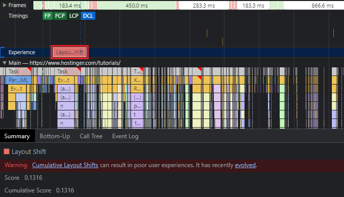 The CLS score on developer tools.