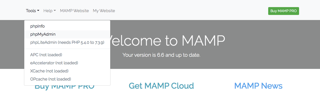 The location of phpMyAdmin on your MAMP control panel.