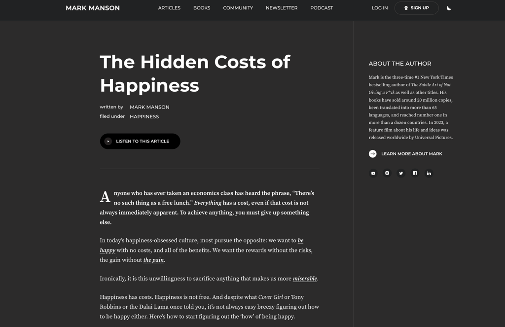 Mark Manson's blog page