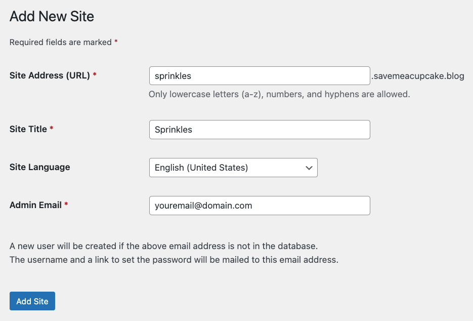 Adding a new subsite in WordPress Multisite dashboard form