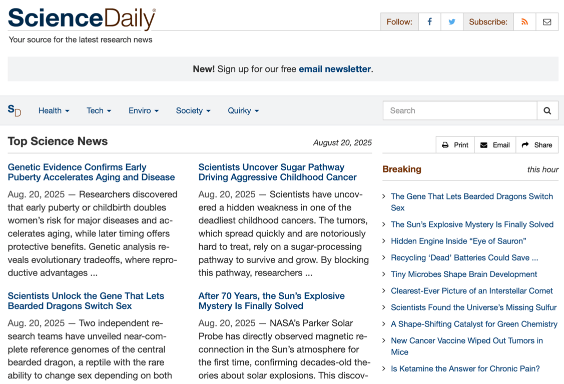 Science Daily's blog page